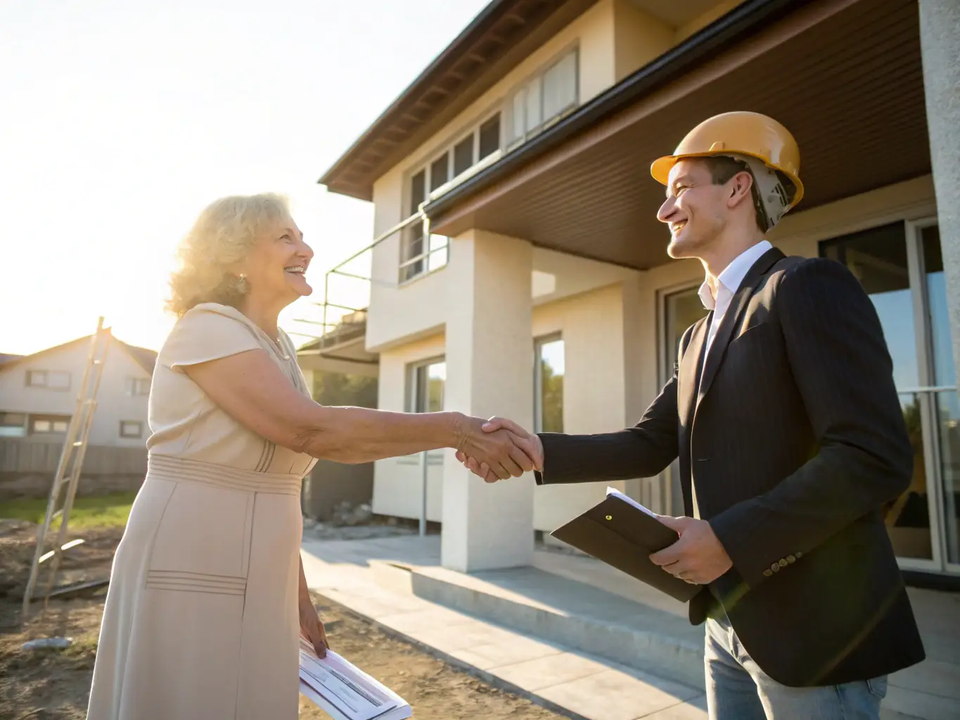 A satisfied client shaking hands with a Marmaris Yapı representative in front of a newly completed luxury villa, symbolizing the company's commitment to customer satisfaction and building lasting relationships.