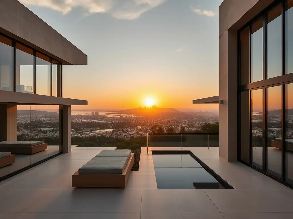 A beautifully designed, modern villa in Marmaris, showcasing the architectural excellence and attention to detail that Marmaris Yapı brings to every project. The villa should have a stunning view of the Aegean Sea.